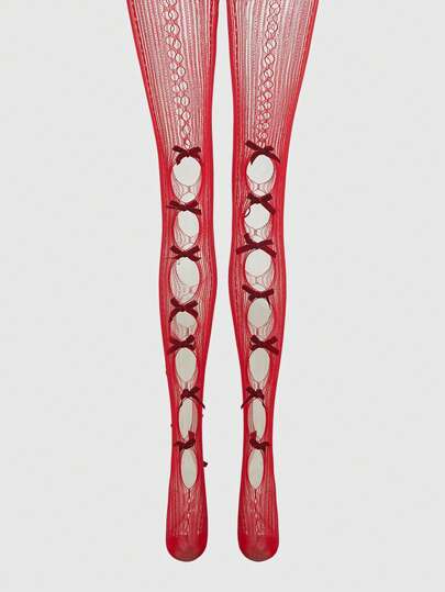 Kawaii 1 paio di calze a rete donna rosse con fori grandi e piccoli, con 14 fiocchi rossi, adatte per tutte le stagioni