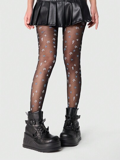 Fairycore زوج جوارب طويلة جاكارد أسود، جورب طويل جذاب ذو نقشة خماسية النجوم، مرن ومنحف الساق، جوارب نجمية شفافة