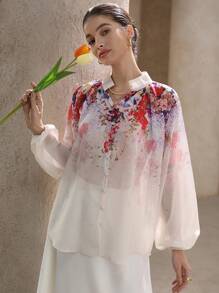 Aveloria Rosie 优雅浪漫中式立领雪纺纽扣印花长袖衬衫，适合情人节