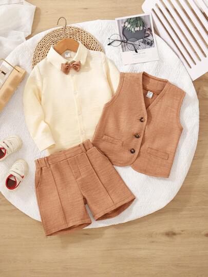 Young Boy 3-Piece Gentleman Set: Apricot Long Sleeve Shirt, Vest, And Shorts, With Stylish Bowknot. Fashionable Outfit Suitable For Birthday Party, Formal Events, Performance, Wedding, Christening, Christmas, Thanksgiving Celebration, Spring/Summer