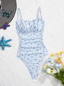 SHEIN MOD 1 件女式蓝色碎花褶皱胸围收腰连体泳衣