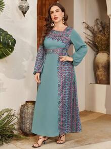 Al Najma Plus Size Asymmetrical Print Design Arabic Style Dress,Modest - Mint Green - View 3