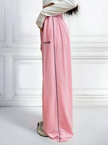 SHEIN EZwear Women Letter Print Detail Elastic Waist Simple Casual Long Pants, For Everyday Wear