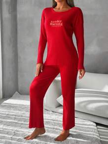 EURMUSE 100%Cotton Slogan Graphic Ribbed Knit Lounge Set - Red - View 4