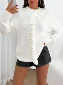 EURMUSE Women Solid Color Ruffle Hem Long Sleeve Casual Knit Sweater - White - View 4