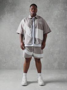 SUMWON Summer Athletic Plus Size Two Piece Set Zip Front Boxy Shirt Matching Shorts All Season Essential Track Suit Loungewear Casual Streetwear - Khaki - View 2