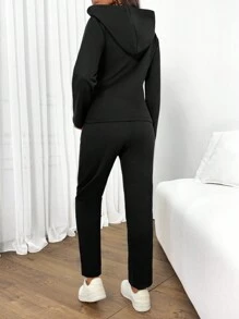 SHEIN Cottnline 2pcs Women Plain Zipper Long Sleeve Top And Pants Set