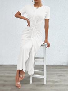 Chiquease Twist Front Solid Longline Dress For Summer Maxi Women Outfit - White - View 4
