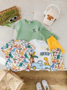 6 paquetes de camisetas de cuello redondo con estampado completo de dinosaurios y animales, casuales, universitarias, cómodas, de moda, simples y prácticas para niños pequeños