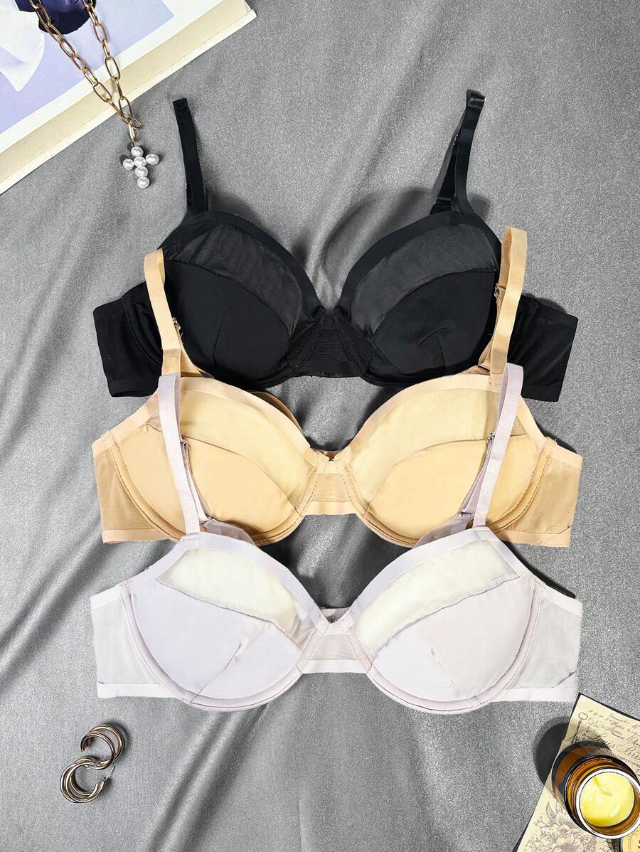Snug Zone Thin Mesh Lightly Padded Underwire Middle Support Lift Prevent Sagging Bra With U Plunge Back Adjustable ,3 Pcs - Multicolor - View 1