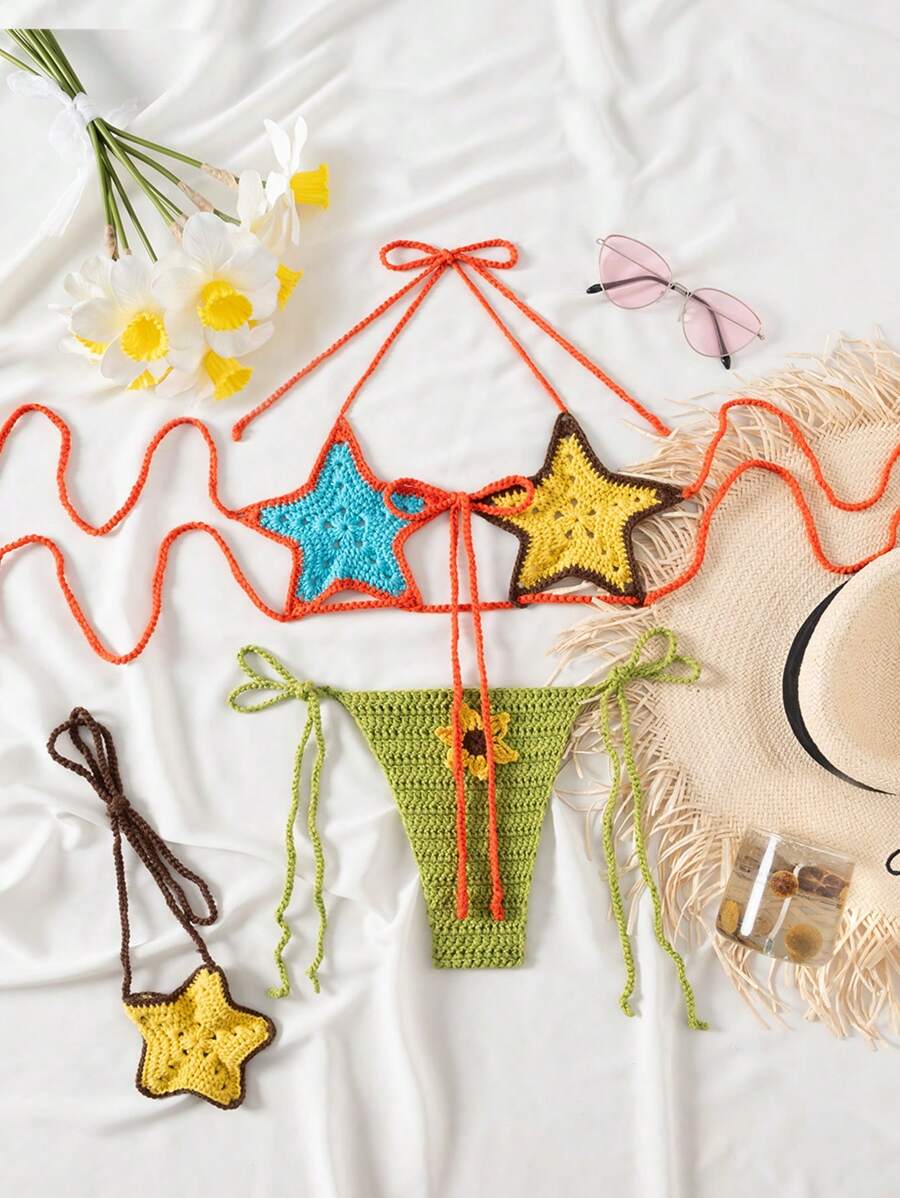 Swim Mod Bộ 3 trang phục đi biển hình sao biển móc thủ công dành cho phụ nữ, bao gồm áo choàng và ví phù hợp - Nhiều màu - Xem 1