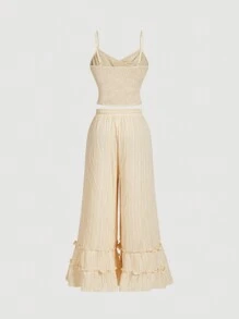 SHEIN MOD 杏色裹胸上衣、荷叶边松紧腰阔腿裤、大码度假套装