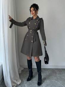 Elenzga Double Breasted Cinched Waist Princess Seam Fitted Metal Button Ruffle Trim Trench Coat - Dark Grey - View 5