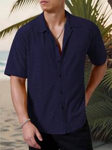 Manfinity Homme Men's Vacation Casual Style, INS Matched With A Knitted Black And White Geometric Striped Crochet Textured Jacquard Loose Short-Sleeve Shirt. Featuring A Button Placket, This Shirt Embodies French Elegance And Romance, Making It Perfect For Hawaiian Beach Vacations, As Well As Music Festivals And Everyday Wear. It Also Serves As An Ideal Gift For Boyfriends Or Husbands. Men's Striped Short Sleeve Single-Breasted Casual Commuter Shirt, Cool Shirts For Men, Nice Shirts For Men, Men's Fashion Shirts - Navy Blue - View 5