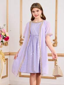 2 Pieces Set For Tween Girls: Purple Foil Dress With Gold-Trim Mesh Overlay, Spring/Summer - Purple - View 2