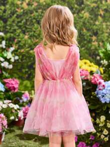 SHEIN 年輕女孩們印花肩部蝴蝶結網紗覆蓋派對禮服