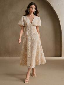 Anewsta New Niche Embroidered Hollow-Out Splicing V-Neck Dress, Elegant, Classic, Modest, Suitable For Spring And Festivals - Multicolor - View 4