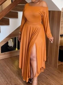 Women's Plus Size Solid Color Oblique Shoulder Long Sleeve Slit Casual Simple Dress - Orange - View 3