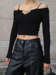 DAZY Camiseta corta de estilo callejero con tirantes, ajustada y de manga corta para mujer, tops de manga larga para mujer - Negro - Ver 6