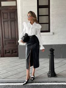 Chiquease 女士长袖荷叶边袖口纽扣式白色衬衫