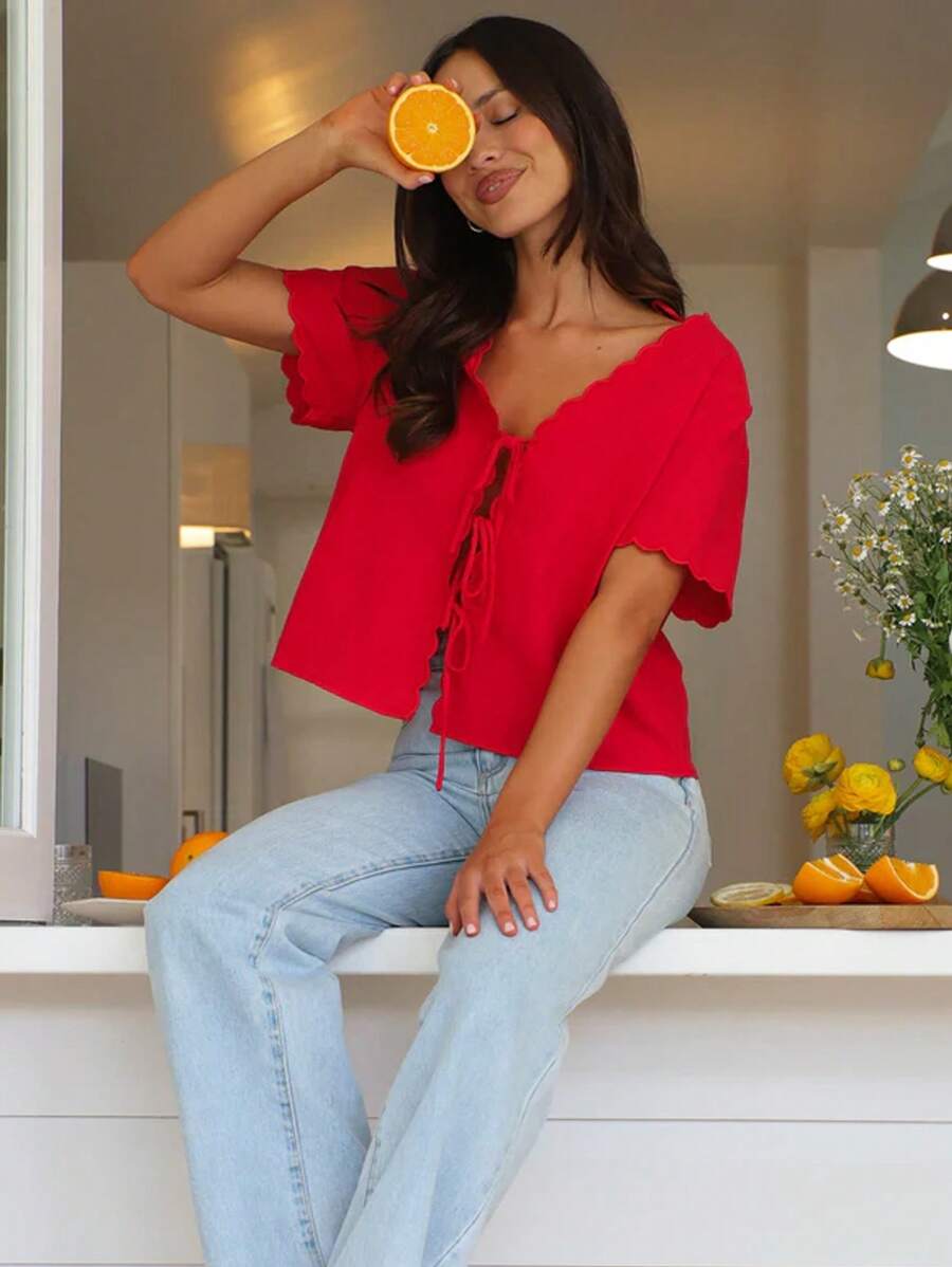 SHEIN Essnce 情人节红色短袖衬衫女春夏宽松休闲前后系带蕾丝衬衫上衣 - 紅色 - 查看 1