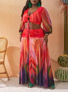Slaydiva Conjunto de 2 piezas de talla grande para mujer con falda midi de dobladillo con volantes y cuello en V Drapeado, adecuado para vacaciones