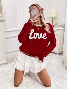 SHEIN LUNE Women's Valentine's Day "Love Letter" Bicolor Pattern Loose Casual Sweater Knit Pullover Fall Winter - Burgundy - View 6