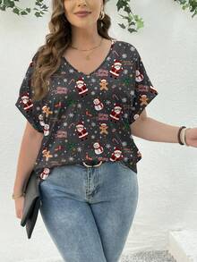 SHEIN Essnce 圣诞节服装圣诞老人雪人图案女式夏季短袖V领宽松大码T恤上衣套头衫 - 彩色 - 查看 1