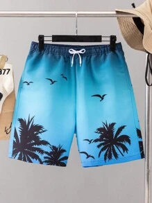 SHEIN Leap Crew 1 Pc Teenboy's Palm Tree Printed Beach Shorts;Spring Wear; Teen Boys' Clothing; Teen Boy' Jackets, Spring Back To School - Multicolor - View 1