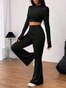 SHEIN EZwear 2pcs Set: Solid Color Knitted Round Neck Long Sleeve Cropped Fitted T-Shirt & High Waist Flare Pants, Women - Black - View 5