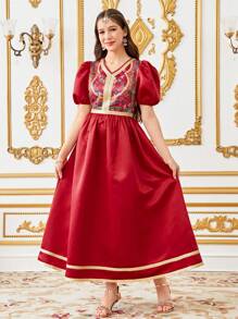 SHEIN 少女优雅复古花卉刺绣泡泡袖长裙 - 酒紅色 - 查看 7