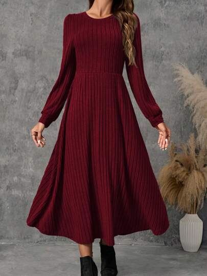 EMERY ROSE Women's Solid Color Round Neck Long Sleeve Ribbed Elegant Mid-Length Dress