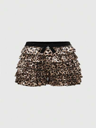 J-Fashion Shorts taglie forti da donna con stampa leopardata e dettaglio a fiocco sulla vita