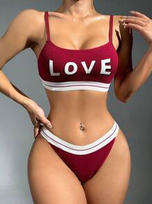 2pcs/Set Valentine's Day Women Love Letter Print Camisole & Briefs Set - Burgundy - View 4