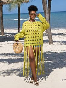 Slaydiva New 2025 Curve Fashionable Casual Women Autumn New Long Sleeve Knitted Hollow Tassels Round Neck Sweater Spring/Summer