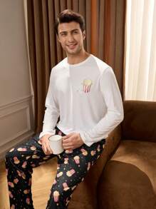 Notgurli 1 Set Men's Popcorn Print Long Sleeve Lounge Top And Pants Pajama Sets - Black and White - View 5