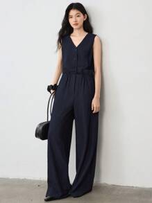 Dazy-Less Combinaison ample en couleur unie avec taille cintrée et jambes droites, casual pour femmes. Combinaison casual pour femmes