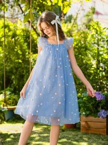 Wildeya Tween-Mädchen Ärmelloses Kleid, elegantes, wunderschönes, süßes Netzvolant-Kleid mit bunten Schmetterlingen, blau, geeignet für Sommer und Frühling, geeignet für Partys und Feiertage