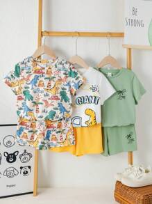 6 paquetes de camisetas de cuello redondo con estampado completo de dinosaurios y animales, casuales, universitarias, cómodas, de moda, simples y prácticas para niños pequeños