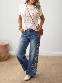 EMERY ROSE Quần Jeans Ống Thẳng Túi Vá Hoa Cho Nữ Thường Ngày - Màu xanh lam - Xem 4