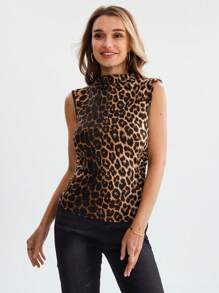 SHEIN LUNE 4 Seasons Women Leopard Print Turtleneck Pullover Tank Top With Ruched Design, Stretchy And Comfortable - Multicolor - View 4