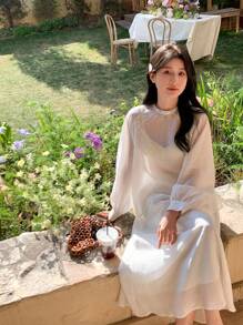 DAZY 2pcs Women Lace Splice Textured Long Sleeve Top Set Fall,Winter - White - View 2