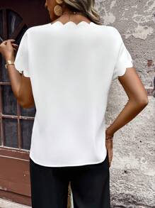 EMERY ROSE Women Solid Color V-Neck Short Sleeve Casual Blouse - White - View 2