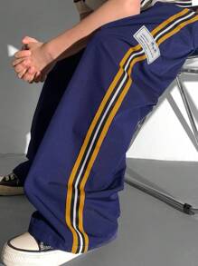 SHEIN Tween 男童休闲百搭舒适松紧腰字母织标直筒宽松纯色裤子，适合通勤、上学、日常生活、度假、运动、春季、夏季、秋季、冬季