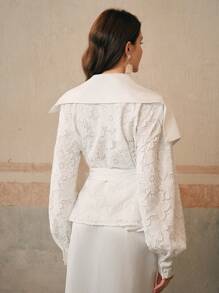 Anewsta V-Neck Wrap Waist Long Sleeve Modest Elegant Jacket - White - View 2