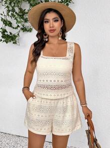 SHEIN Frenchy 大码女式蕾丝方领背心和短裤 2 件套 - 杏色 - 查看 4