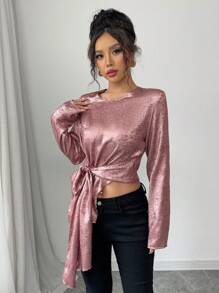 Elenzga Camicetta elegante e romantica con collo tondo, vita strizzata, in tessuto leggero e lucido con effetto madreperlato rosa