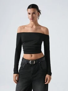 LYSMO Camiseta Corta De Mujer Con Volantes Y Hombros Descubiertos - Negro - Ver 5