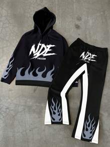 Manfinity EMRG 2pcs/Set Men Letter Flame Print Hoodie Sweatshirt And Flared Pants - Black - View 5