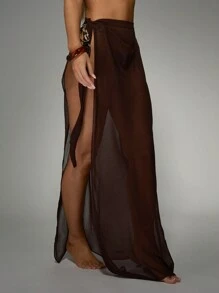MISSGUIDED Falda tipo pareo de gasa transparente con cintura anudada para usar en la playa - Café integral - Ver 1